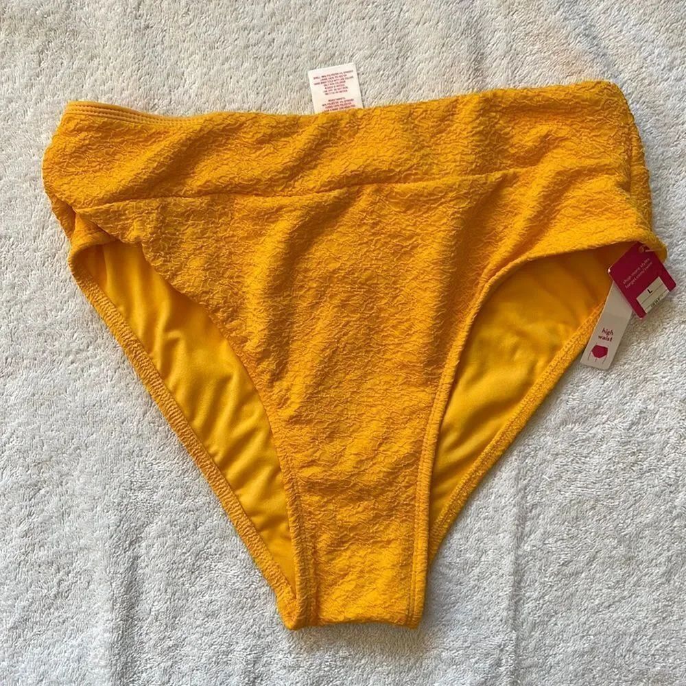 NWT Xhileration high waist bikini bottom.  Size Large. Gold.